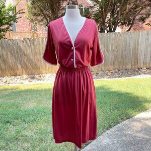 Vintage Sears Skirt Set Size Small Button Front V-neckline Short Sleeve Burgundy